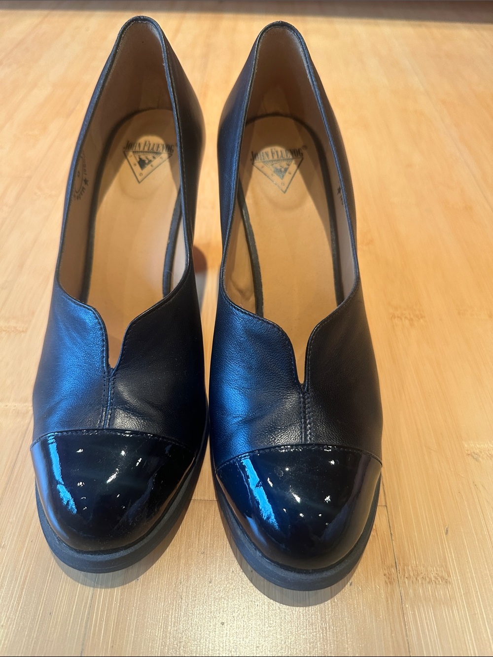 John Fluevog  Iris Black Leather Pumps with Patent Cap Toe